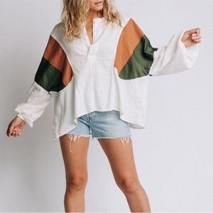 Free People White Blouse with Green and Brown Accents